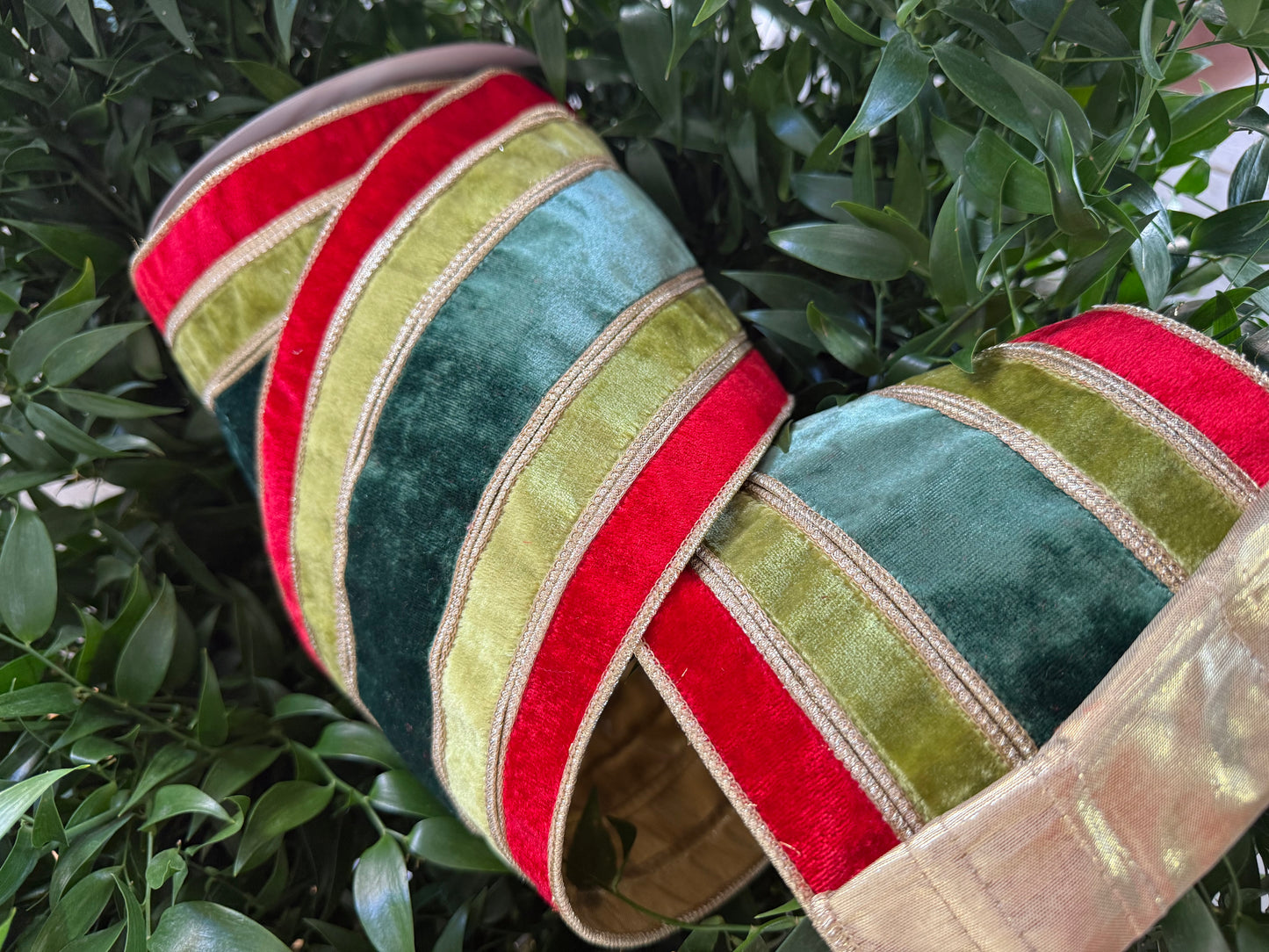 JME heavy wired ribbon. RED/GREEN/LIME Velvet Stripes with Gold Metallic Back 6"x 10YDS