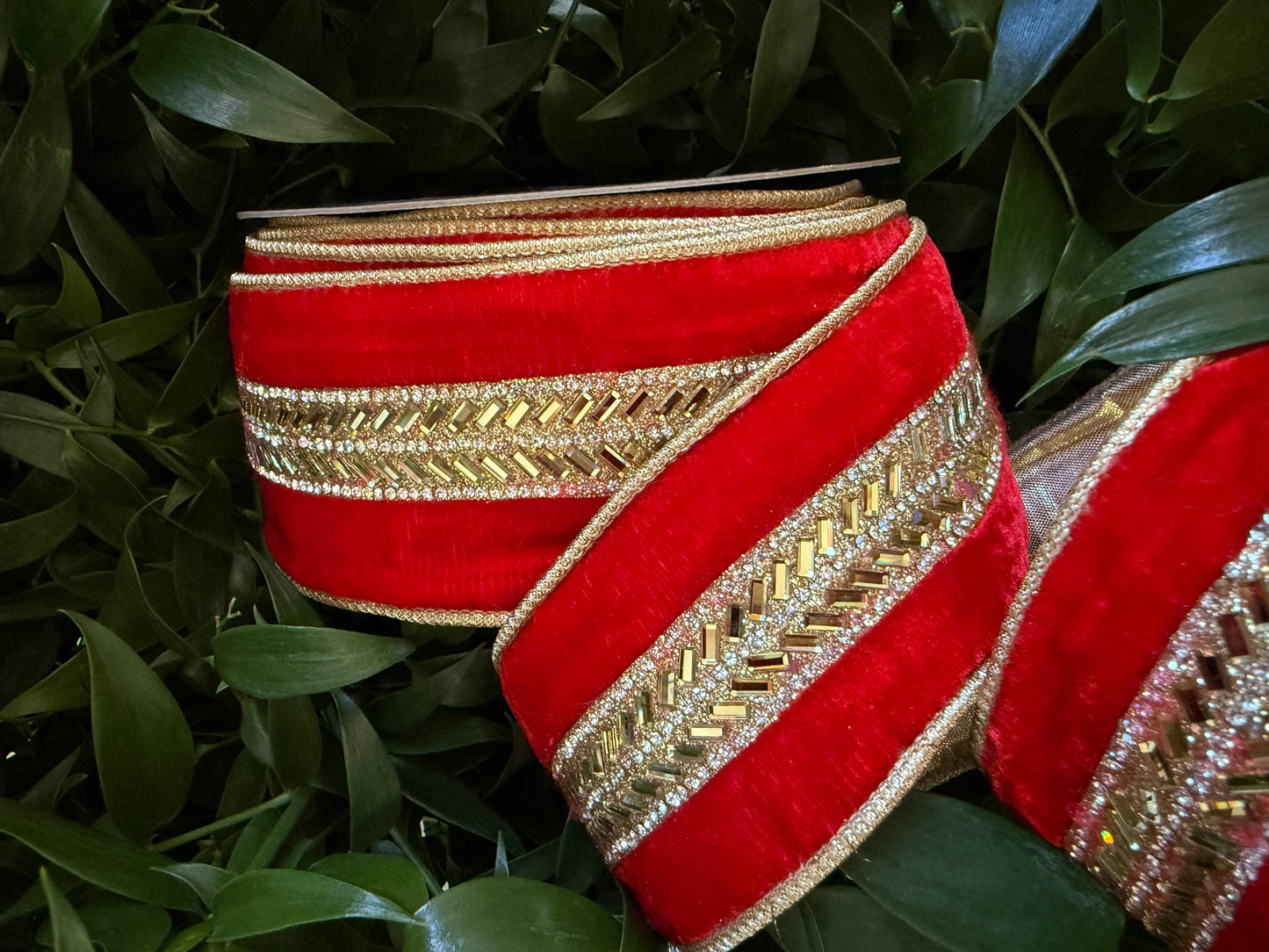 JME heavy wired ribbon. RED Velvet with Gold Jeweled Band and Metallic Back 2.5"x 10YDS