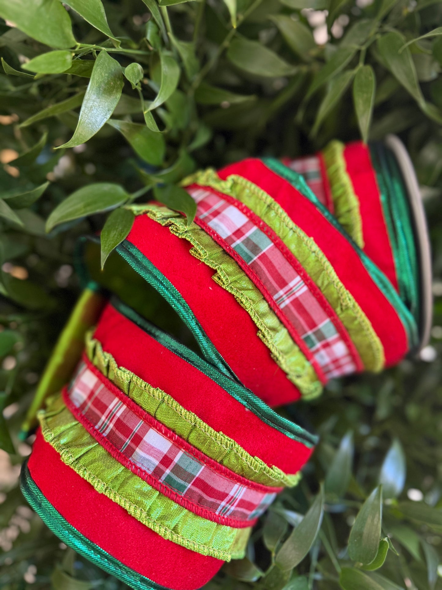 JME heavy wired ribbon. RED Velvet with Lime Metallic Ruffle and Red Plaid Band and Lime Back 4"x 10YDS