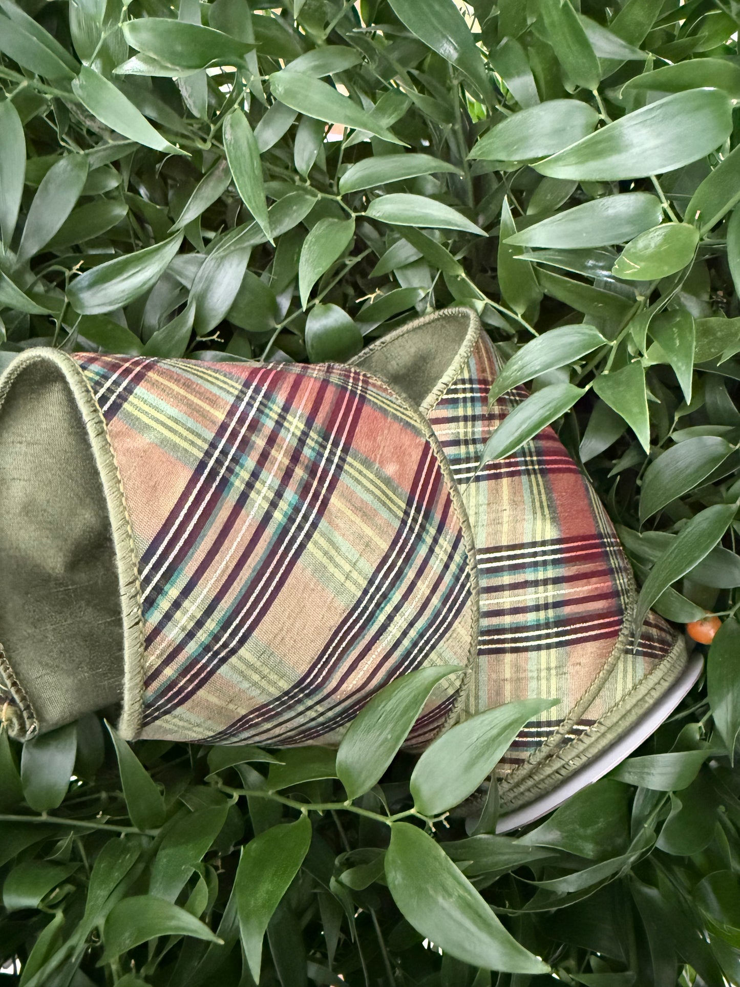 JME heavy wired ribbon. MOSS/BROWN Diagonal Plaid Dupion 4"x 10YDS