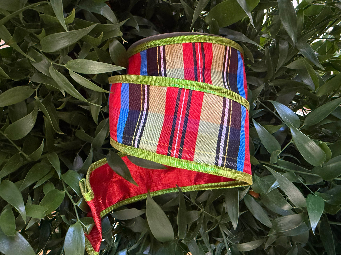 JME heavy wired ribbon. RED/BLUE/BLACK Plaid with Lime Metallic Edge and Red Metallic Back 2.5"x 10YDS