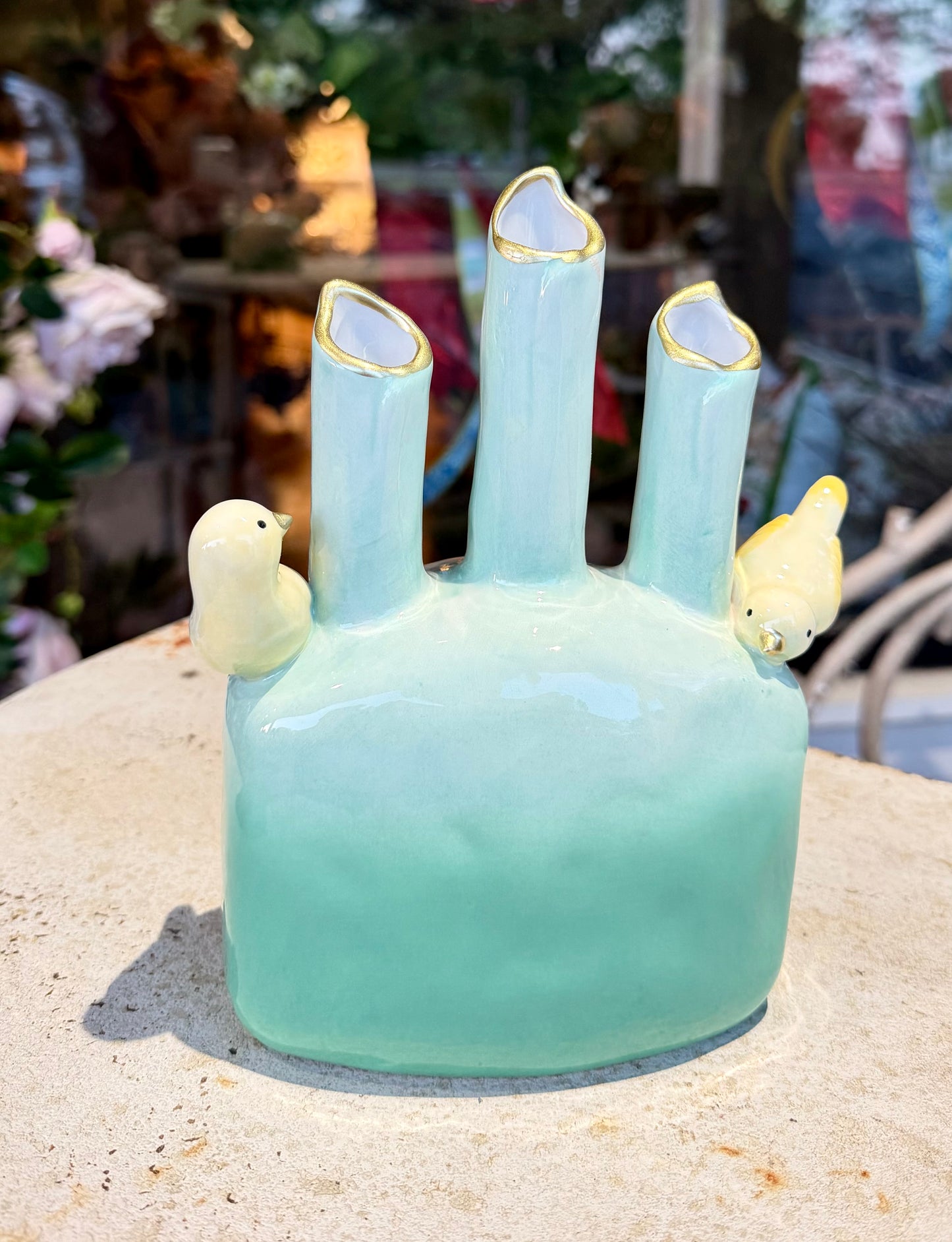Green/blue Ceramic Bird Tulip Vase 8.75"