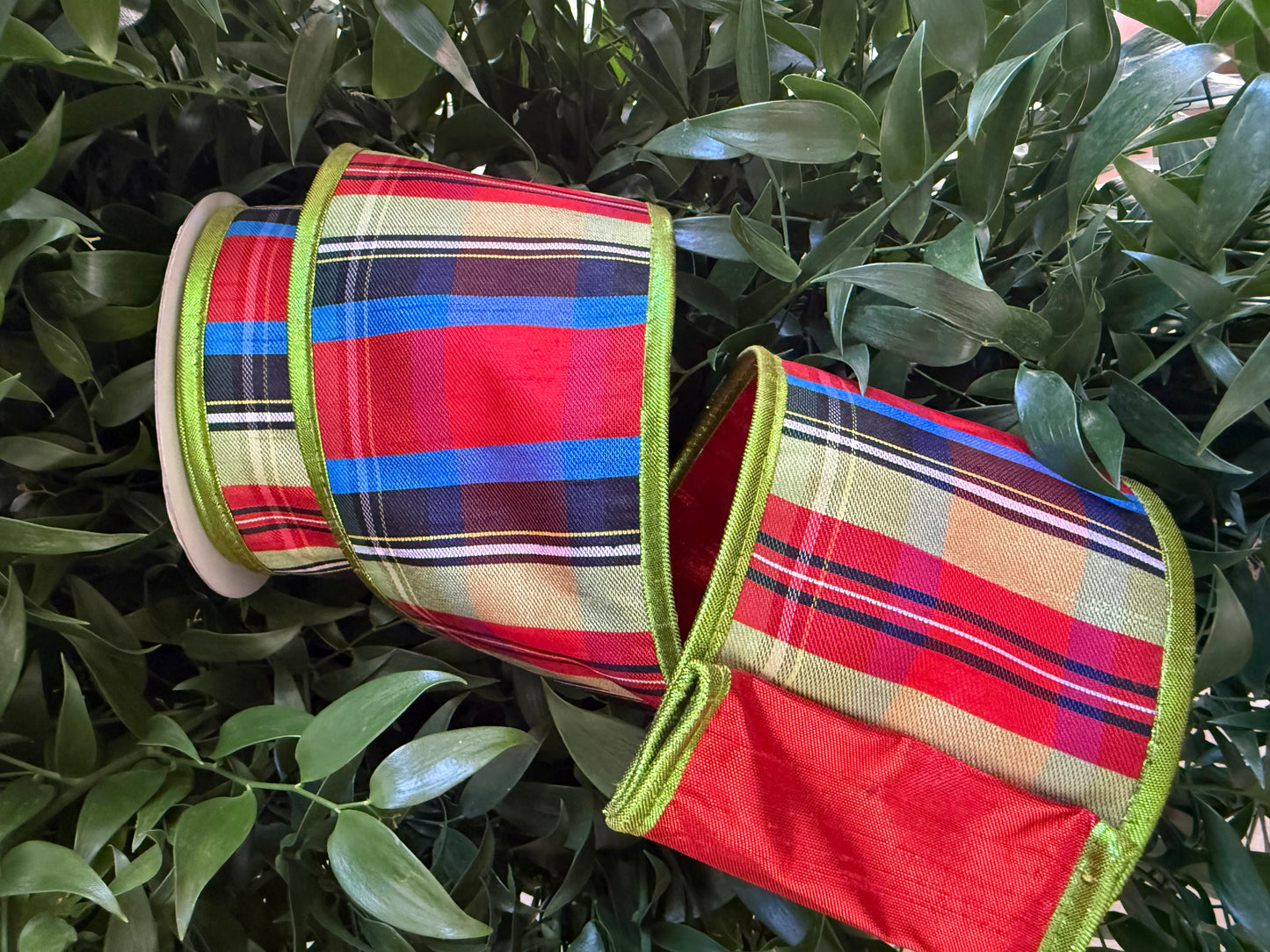 JME heavy wired ribbon. RED/BLUE/BLACK Plaid with Lime Metallic Edge and Red Metallic Back 4"x 10YDS