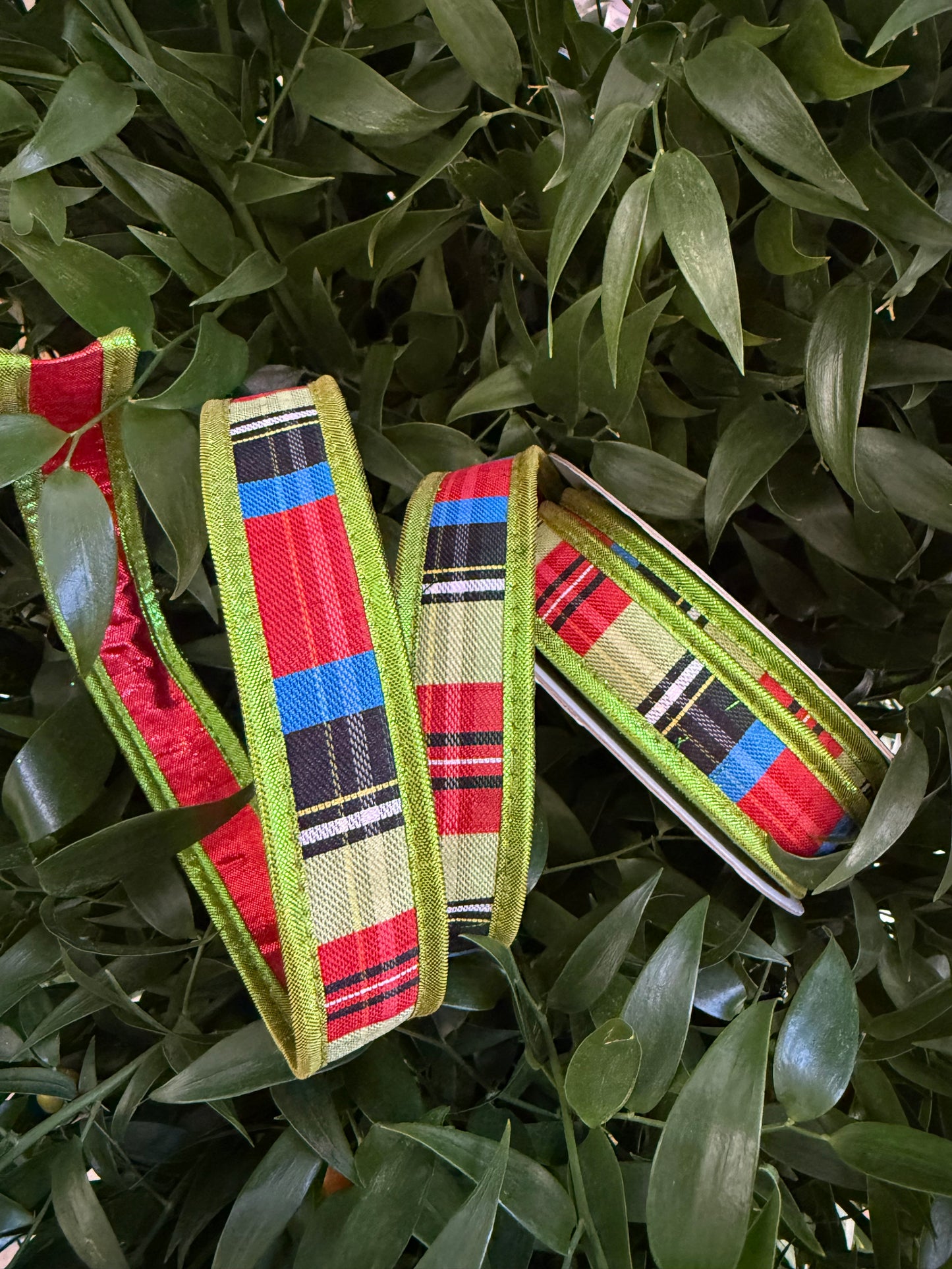 JME heavy wired ribbon. RED/BLUE/BLACK Plaid with Lime Metallic Edge and Red Metallic Back 1"x 10YDS