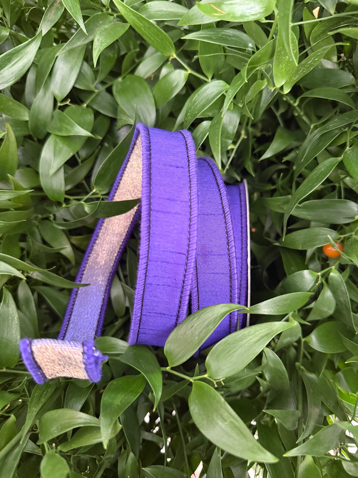 JME heavy wired ribbon. PURPLE Dupion with Purple/Gold Metallic Back 1"x 10YDS