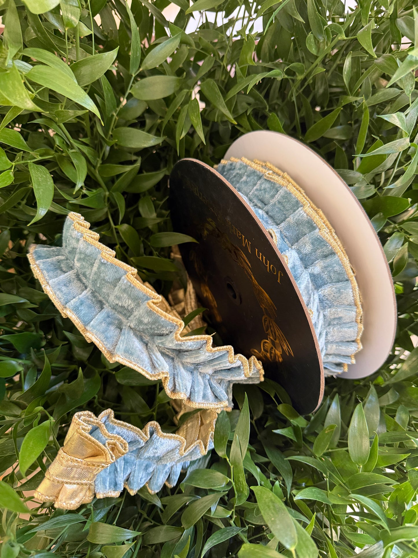 JME heavy wired ribbon. AQUA Velvet Pleating with Gold Metallic Back 2"x 10YDS