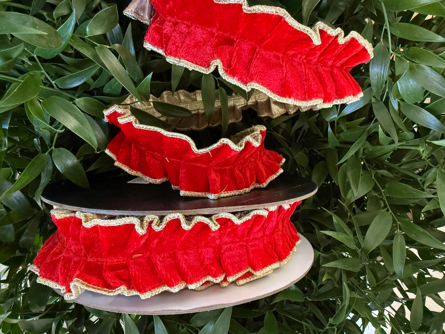 JME heavy wired ribbon. RED Velvet Pleating with Gold Metallic Back 2"x 10YDS