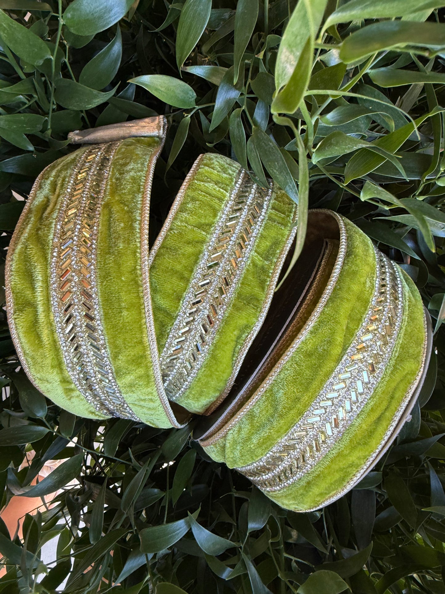 JME heavy wired ribbon. APPLE GREEN Velvet with Gold Jeweled Band and Metallic Back 2.5"x 10YDS