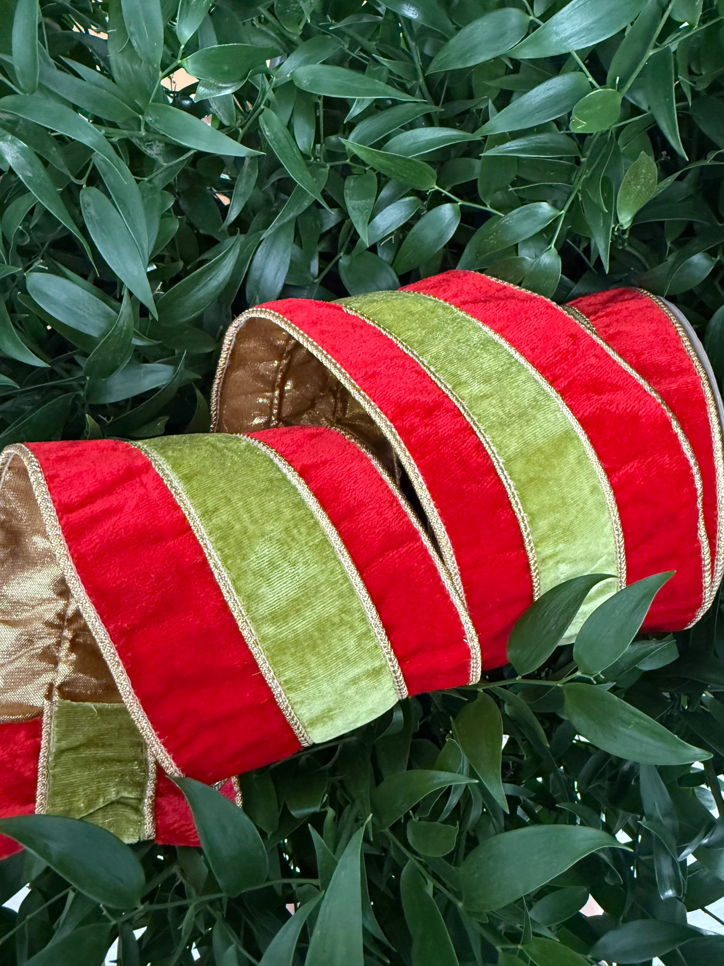JME heavy wired ribbon. RED Velvet with LIME Velvet Band and Gold Metallic Back 4"x 10YDS