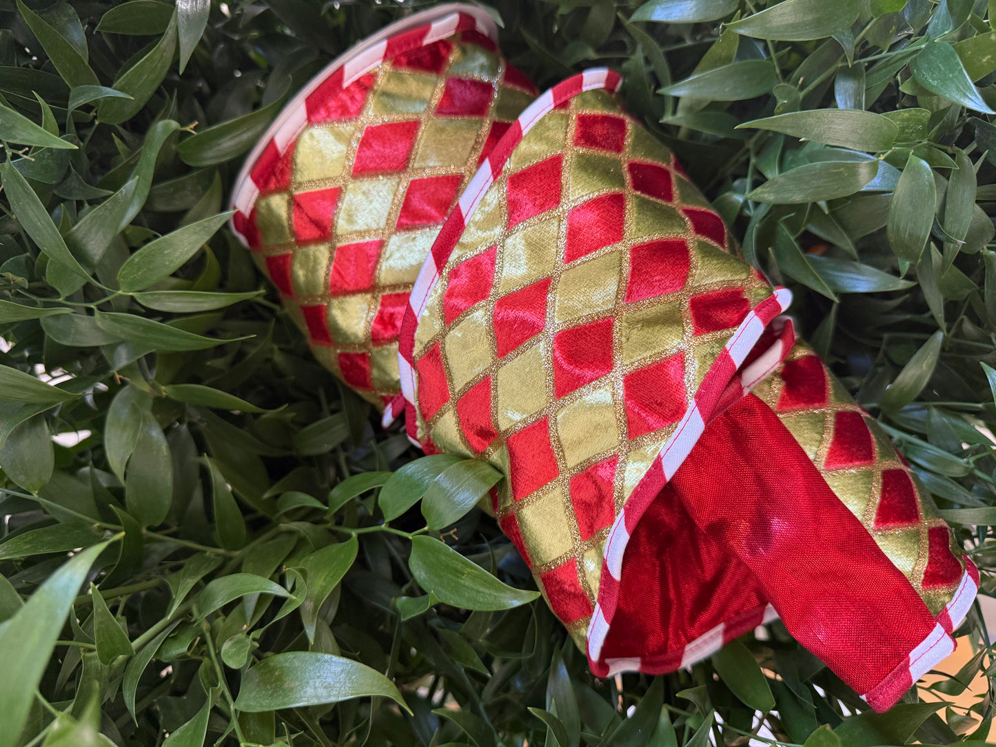 JME heavy wired ribbon. RED/LIME Harlequin with Red/White Edge and Red Metallic Back 4"x 10YDS