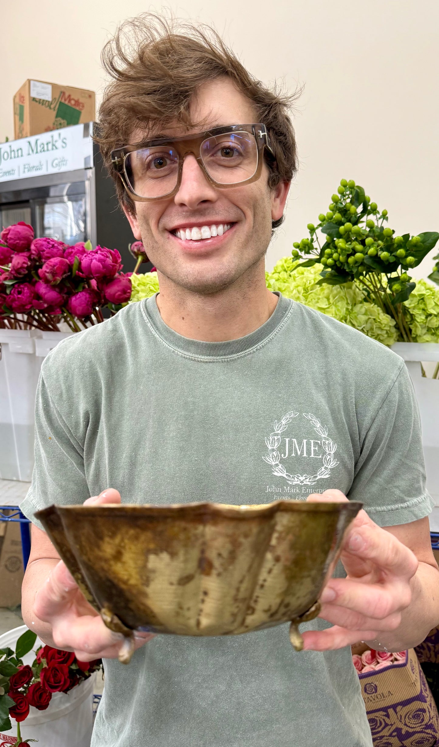 Antique Gold Bowl with Flower Frog
