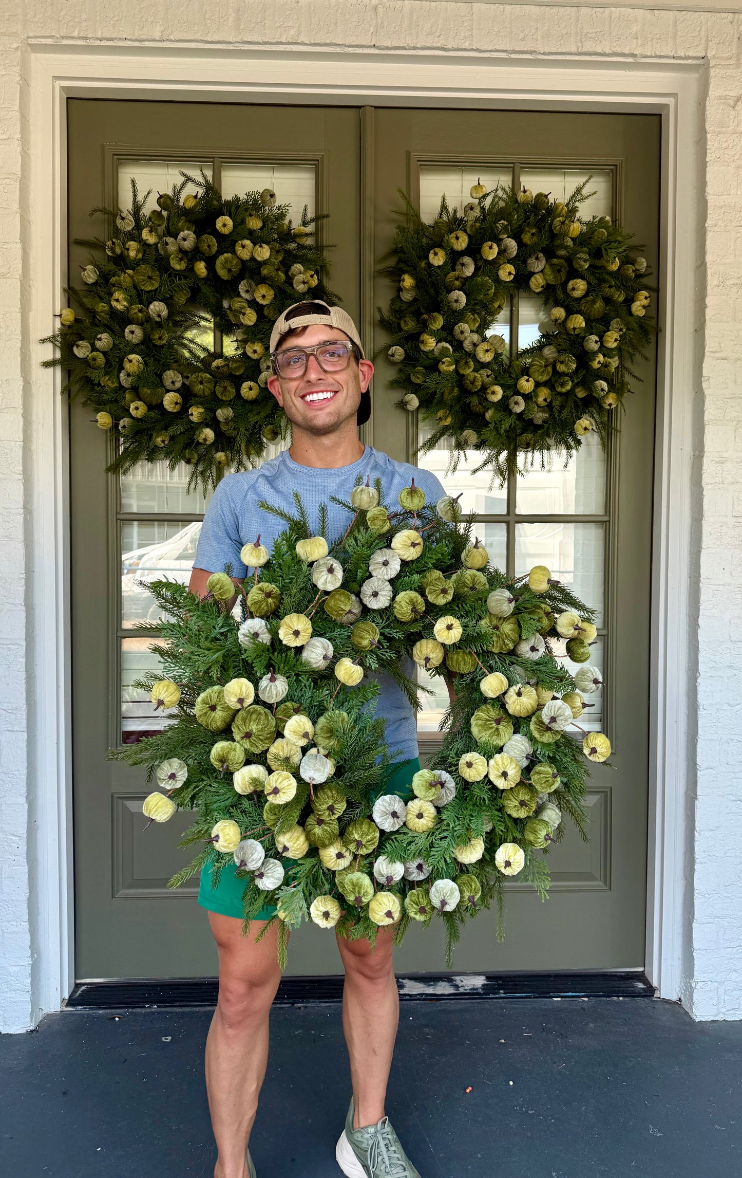 Faux Green velvet PUMPKIN JME WREATH. 30 inches wide