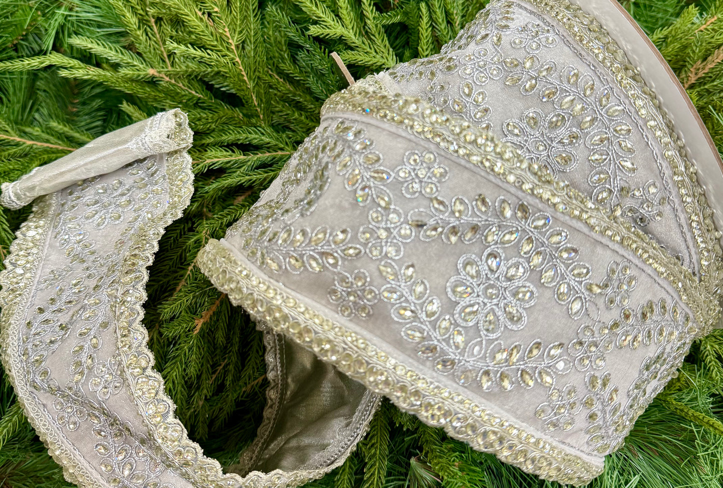 JME heavy wired ribbon. SILVER Mesh with Silver Jeweled Pattern and Metallic Back 4"x 10YDS