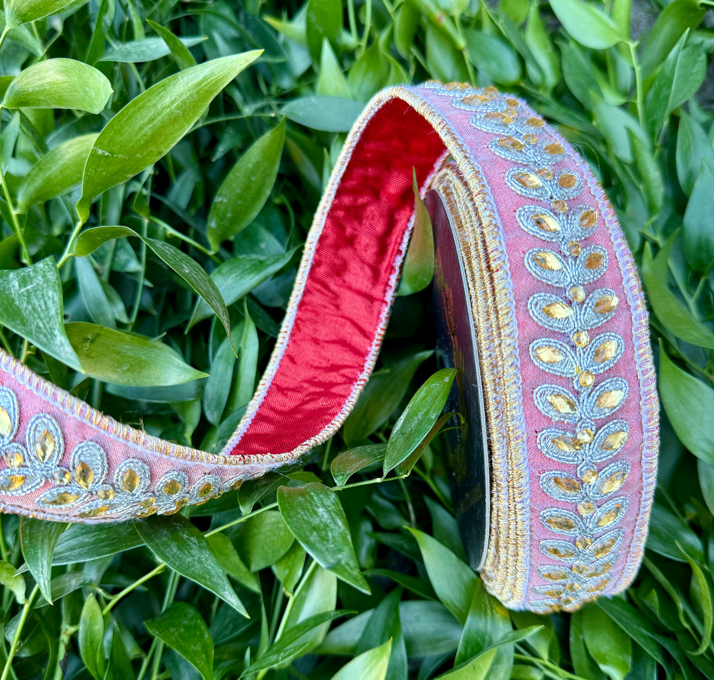 JME heavy Wired ribbon. Red metallic backed with Jeweled Leaf Band. Dupion Ribbon 1.5"x10YD
