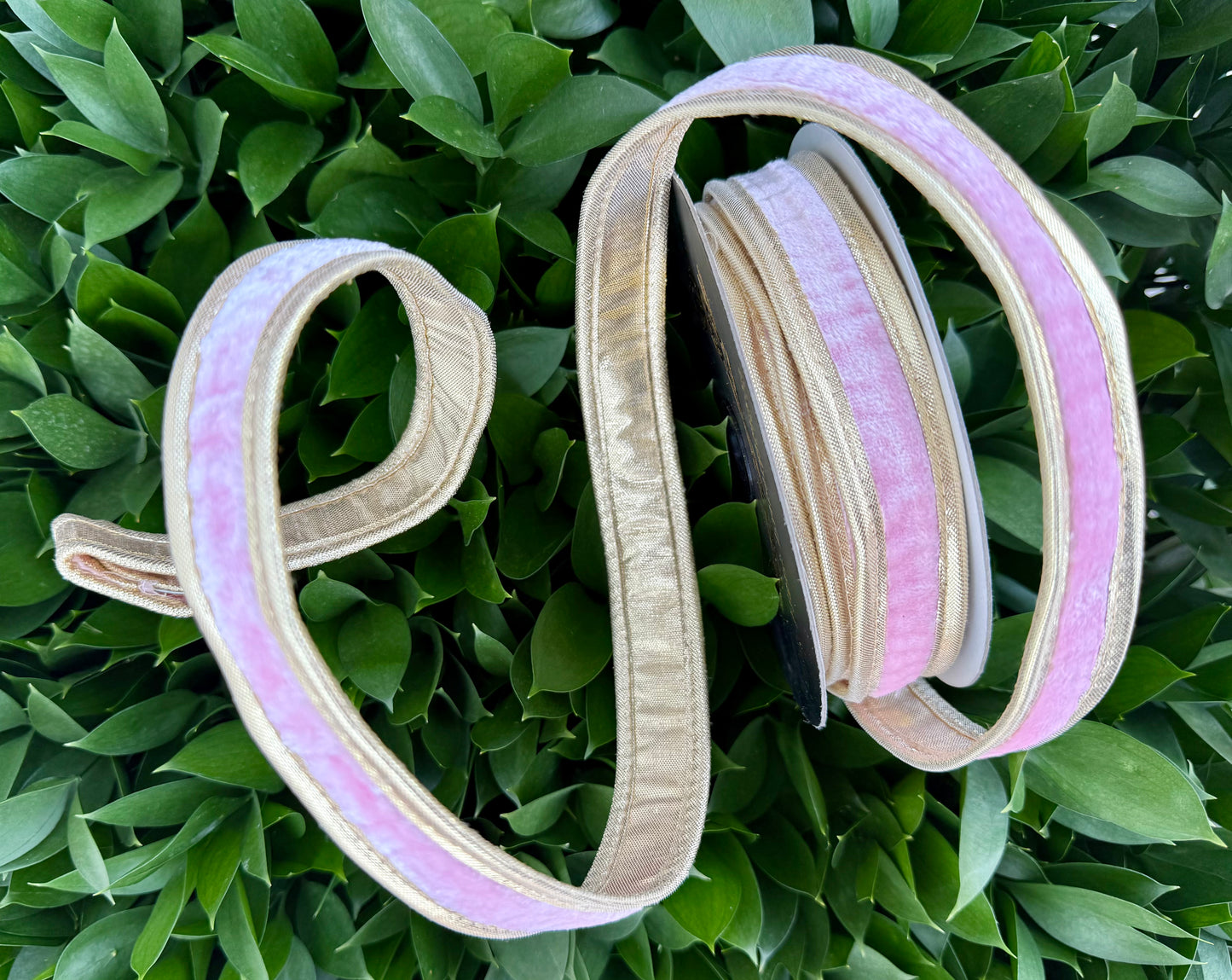 JME heavy wired ribbon. PINK Velvet with Gold Metallic Back