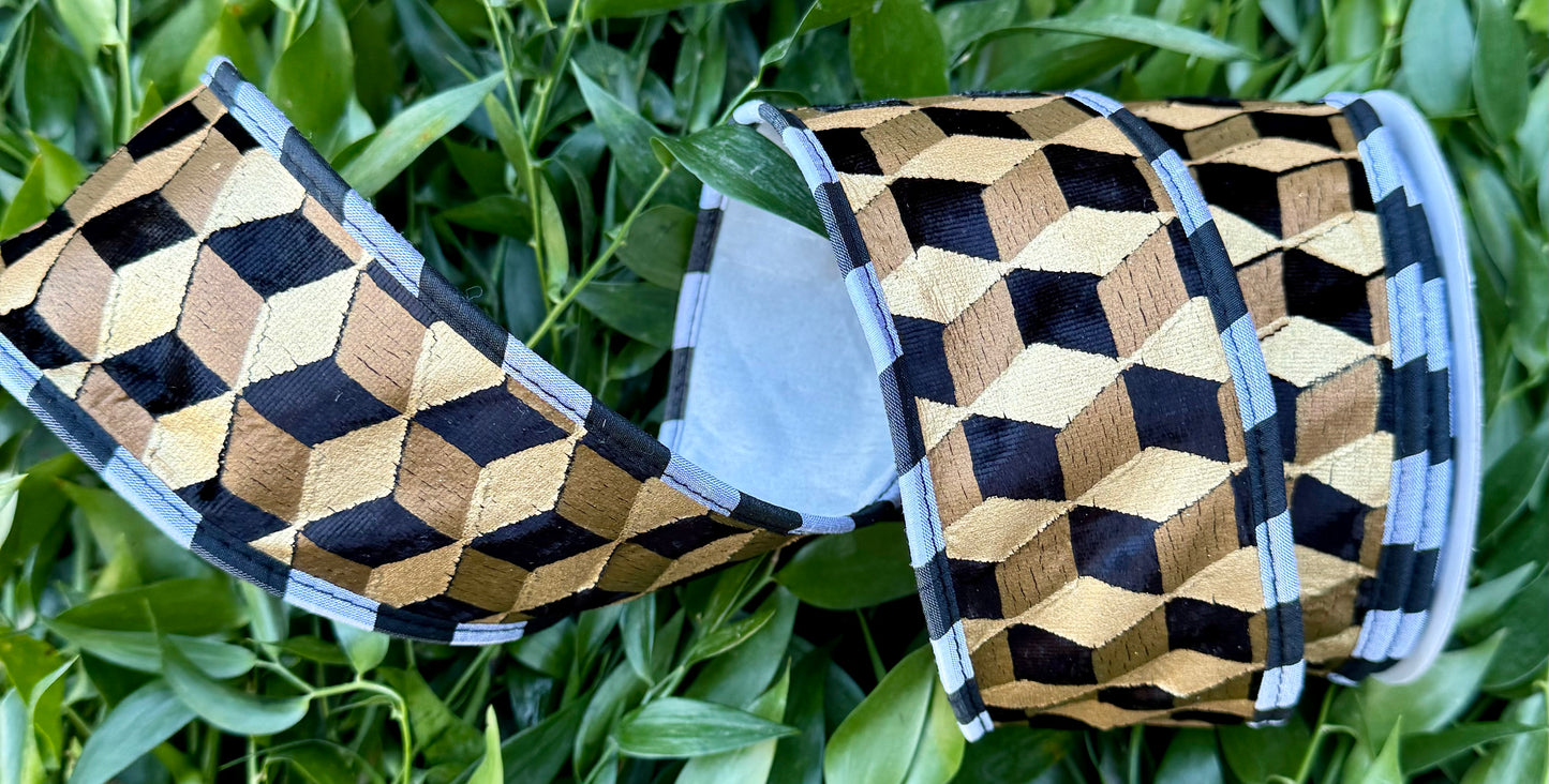 JME heavy wired ribbon. Velvet and metallic gold and black Geo print. With white backing. 2.5“ x 10 yards.