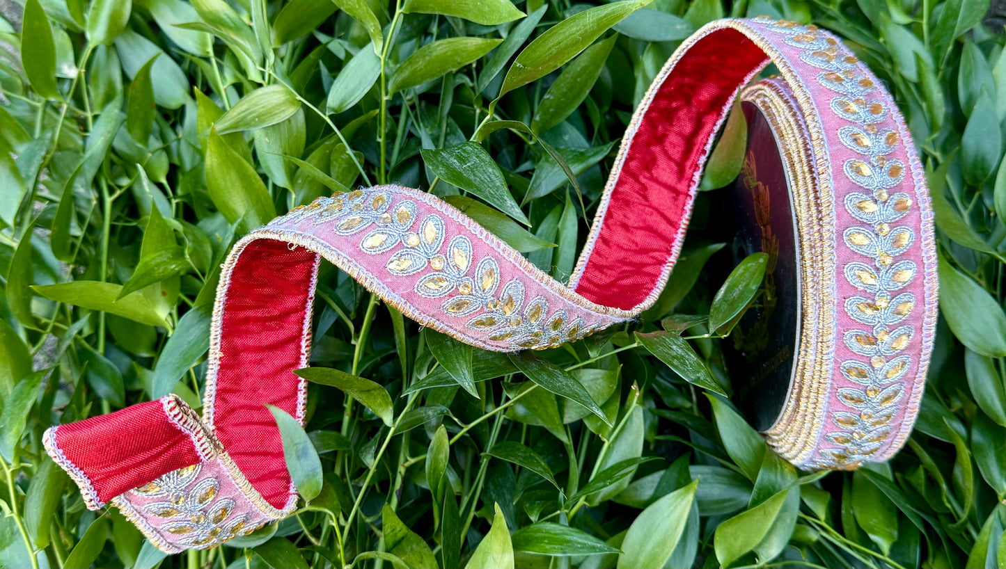 JME heavy Wired ribbon. Red metallic backed with Jeweled Leaf Band. Dupion Ribbon 1.5"x10YD