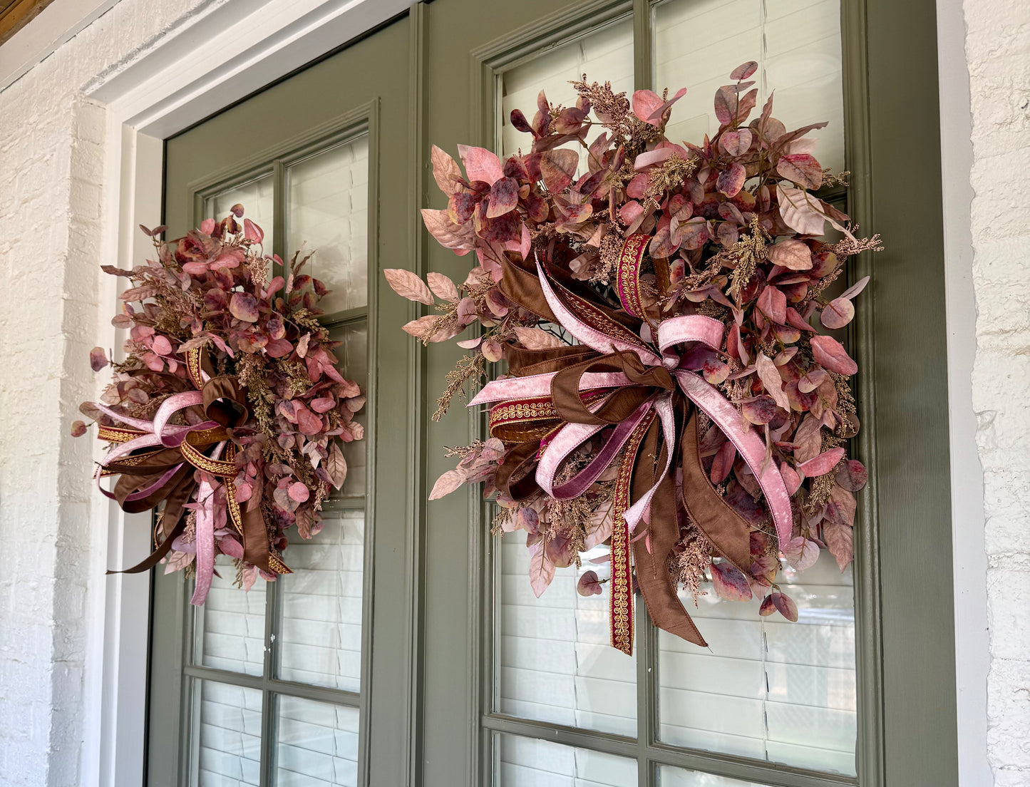 Blush and bashful faux fall wreath with a JME hand tied bow. About 22 inches wide