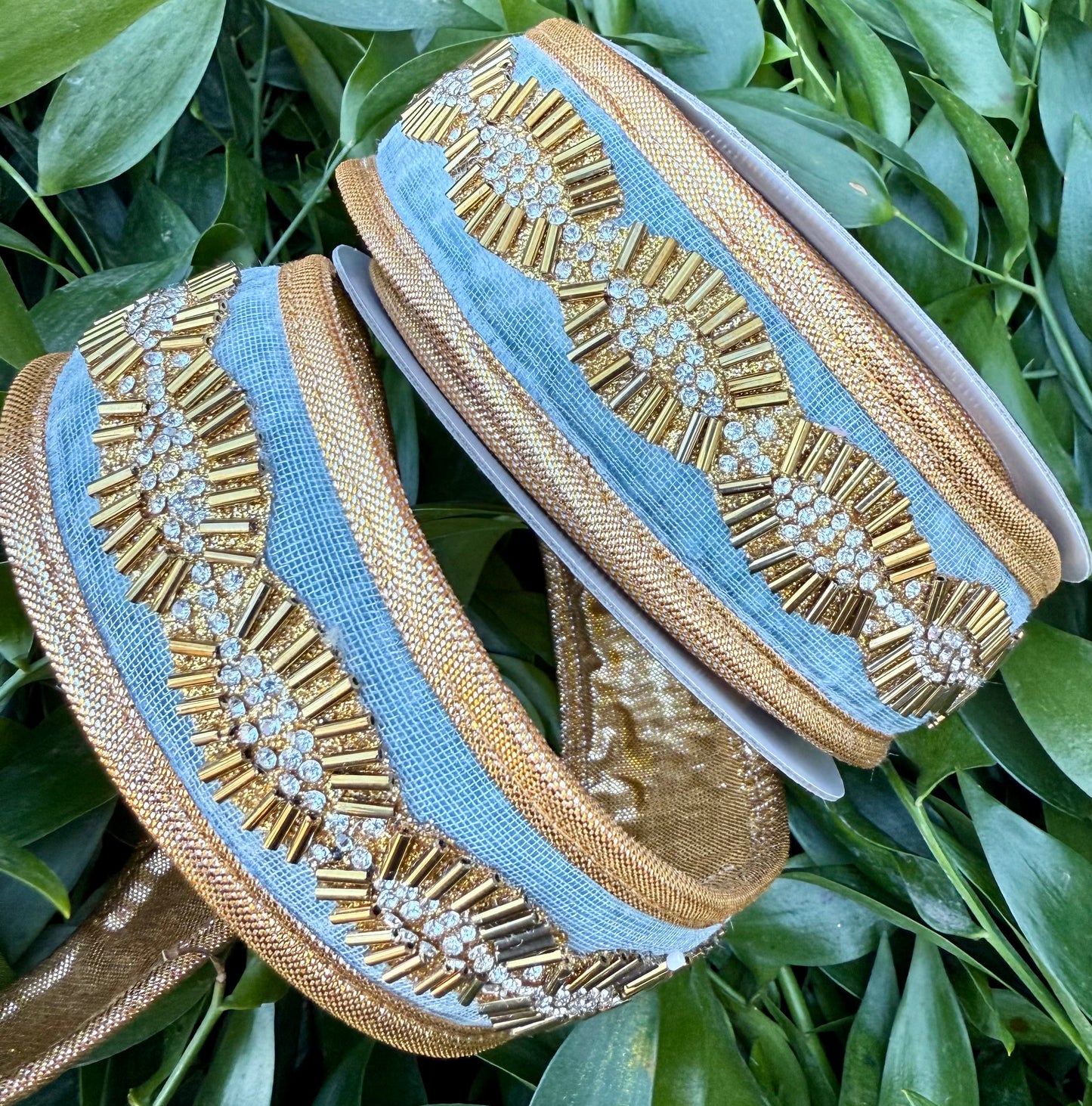JME heavy Wired ribbon. Aqua Gold Bead Trim with Gold Metallic Back Ribbon 1.5"x5YD