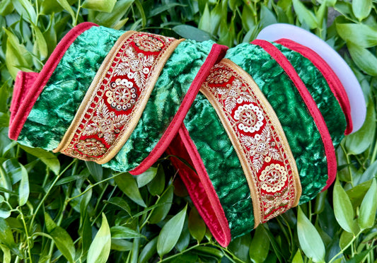 JME Green Crushed Velvet with red and Gold Sequin belt and with Red Metallic Back and pipping. 4"x5YD