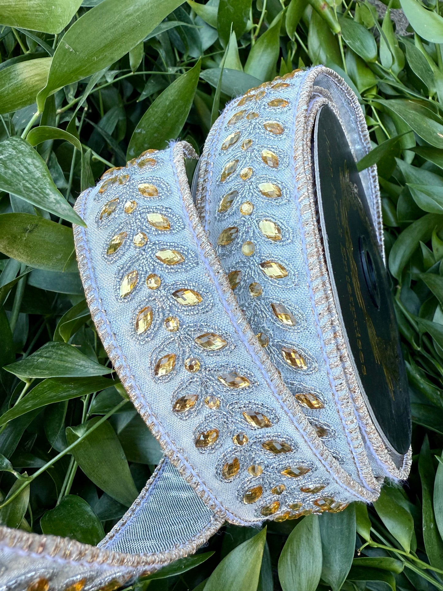 JME heavy Wired ribbon. White with Jeweled Leaf Band and Metallic Dupion backing. 1.5"x10YD