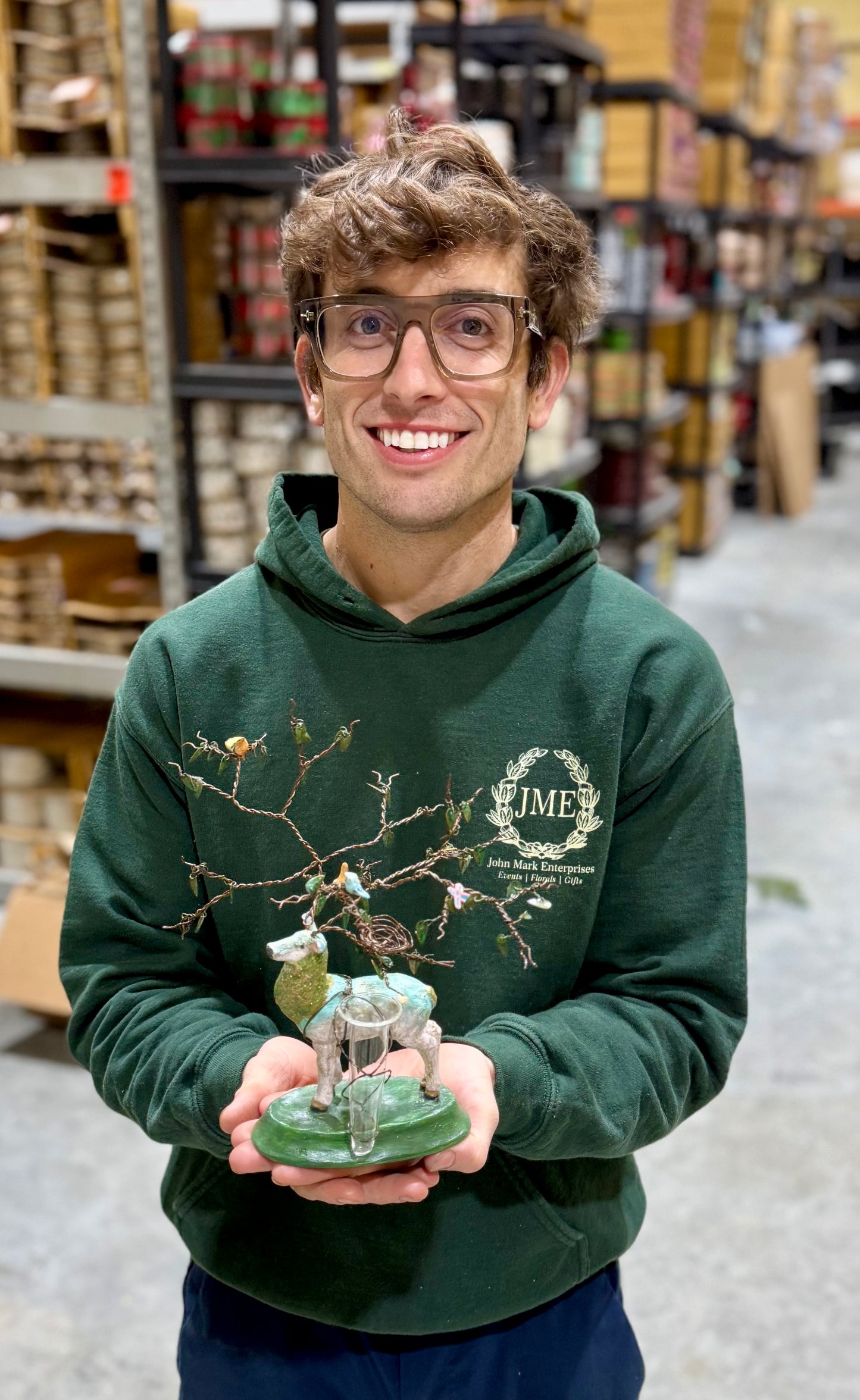 Unique bud vase holder. Deer with birds and leaf antlers. Handmade. About 10 inches tall.