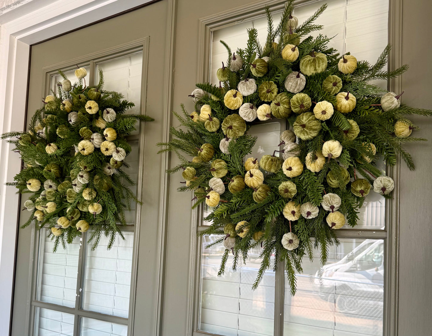 Faux Green velvet PUMPKIN JME WREATH. 24 inches wide