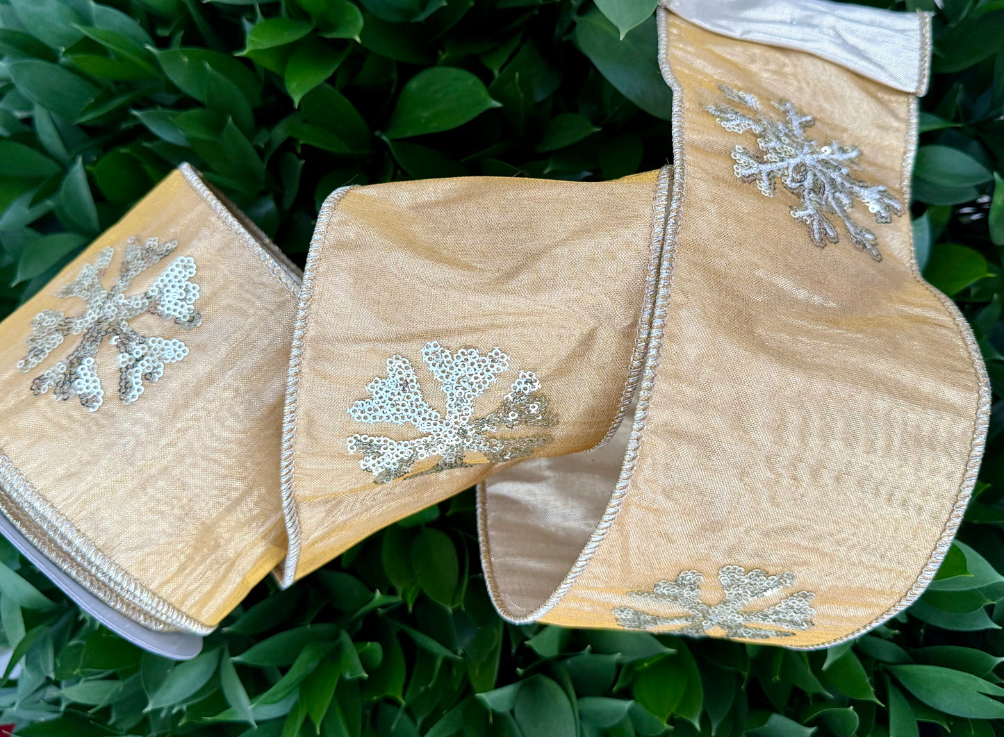 JME heavy wired ribbon. GOLD Metallic with Gold Sequin Snowflakes 4"x 10YDS
