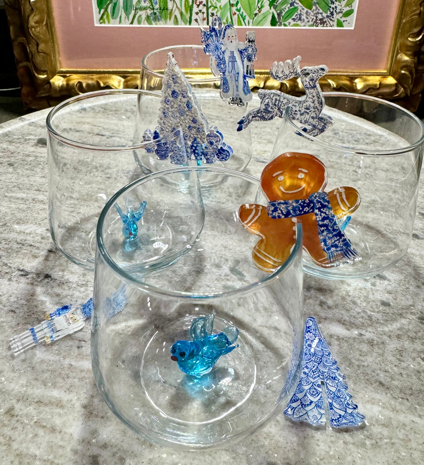 Blue and white Christmas drink markers. Set of 6