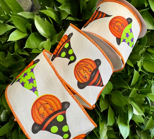 White pumpkin head wired ribbon. 2.5“ x 10 yards. 
