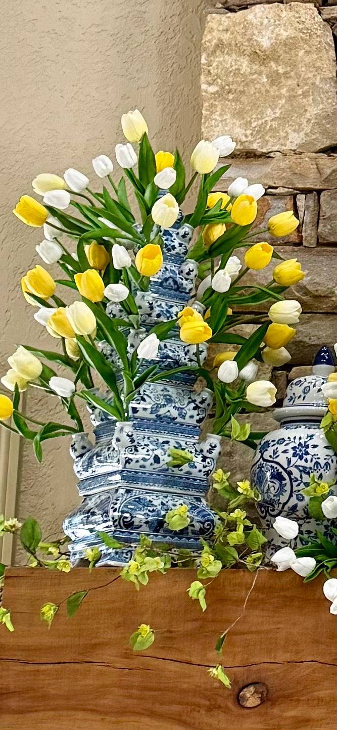 Large tiered Ceramic blue/white Pagoda Tulipiere. Holds water. 31inches tall