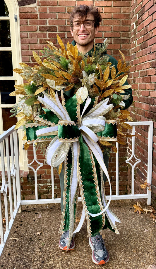 Greens and gold wreath. Handmade wreath by JME paired WITH A JME Handtied bow of velvets and jewels. About 24 inches wide