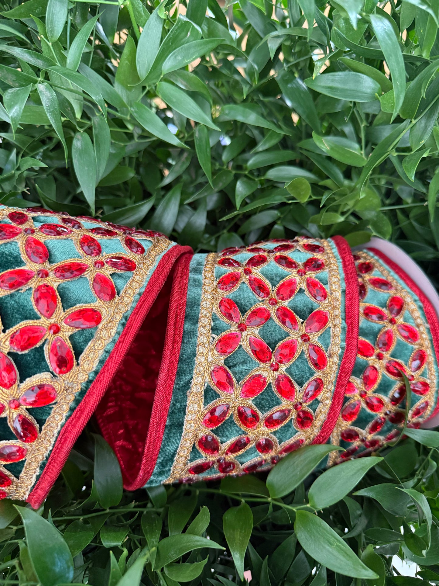 JME heavy wired ribbon. DARK GREEN Velvet with Red Jeweled Band and Metallic Back 4"x 5YDS