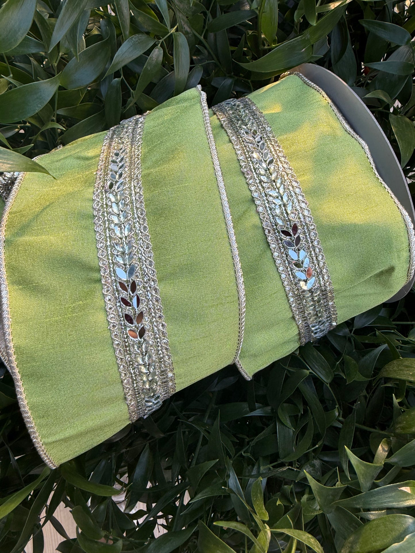 JME heavy wired ribbon. APPLE GREEN Dupion with Gold Jeweled Leaf Band and Metallic Back 4"x 10YDS