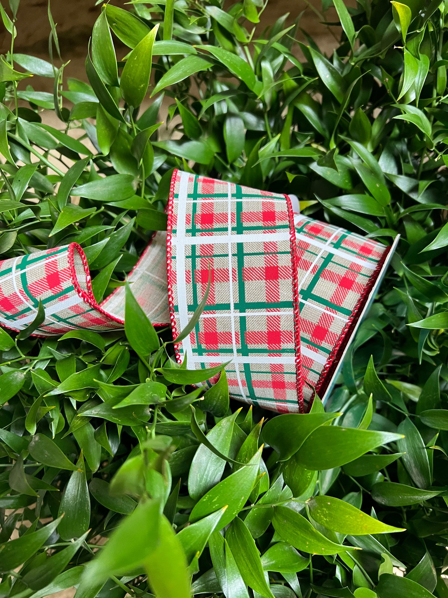 Red/Green/White on Beige Plaid Wired Ribbon 2.5"x 10YDS