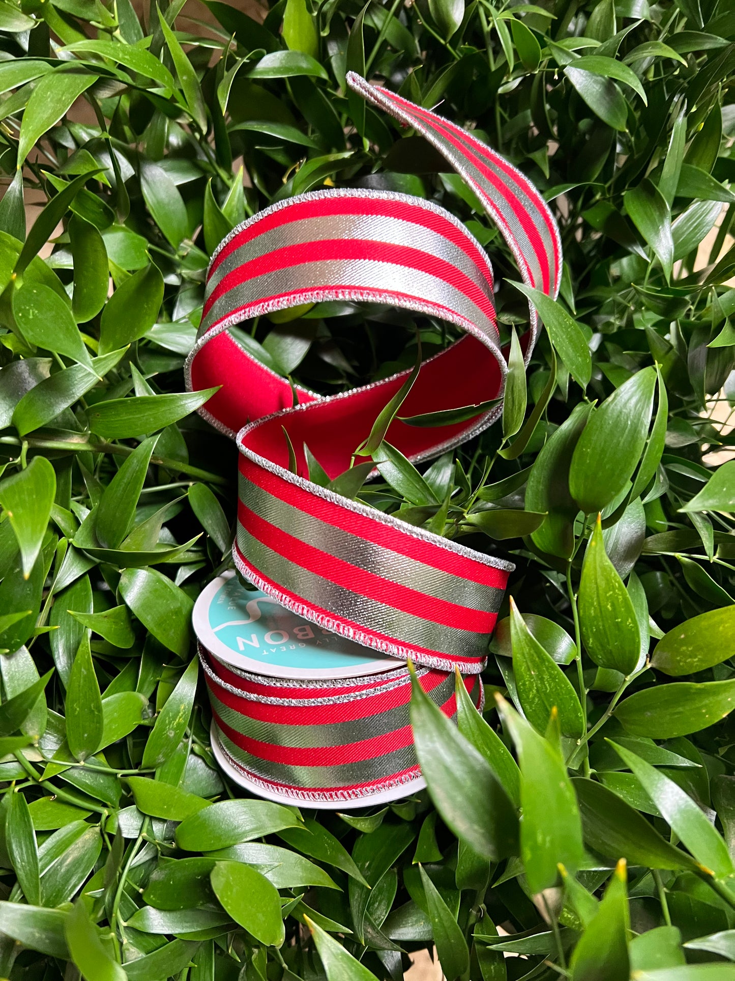 Red with Metallic Silver Horizontal Stripes Wired Ribbon 1.5"x 10YDS