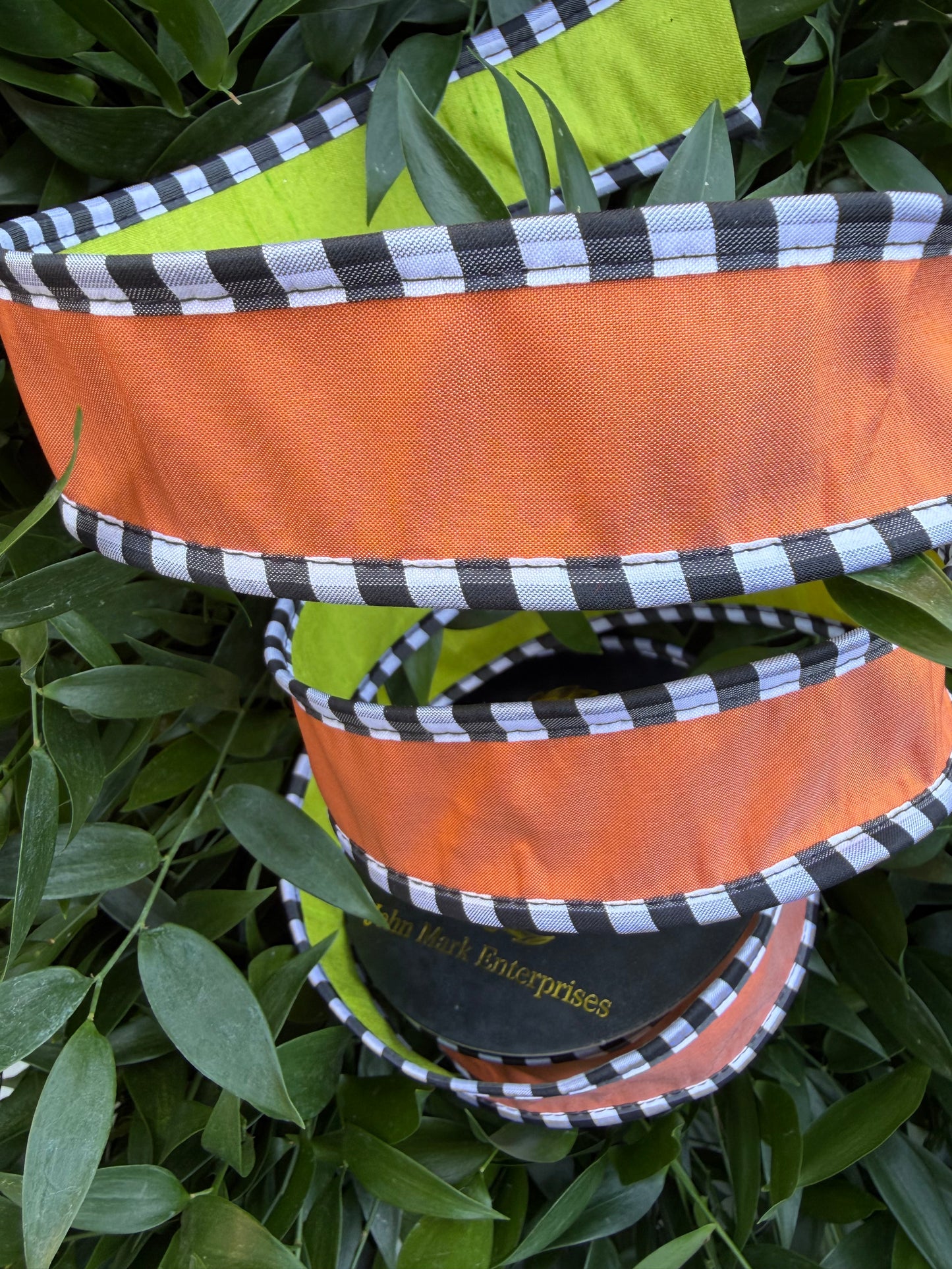 DUPION DBL FUSED/MED TAFFETA CHECK PIPING 1.5"x10YD ORANGE/GREEN HEAVY WIRED RIBBON