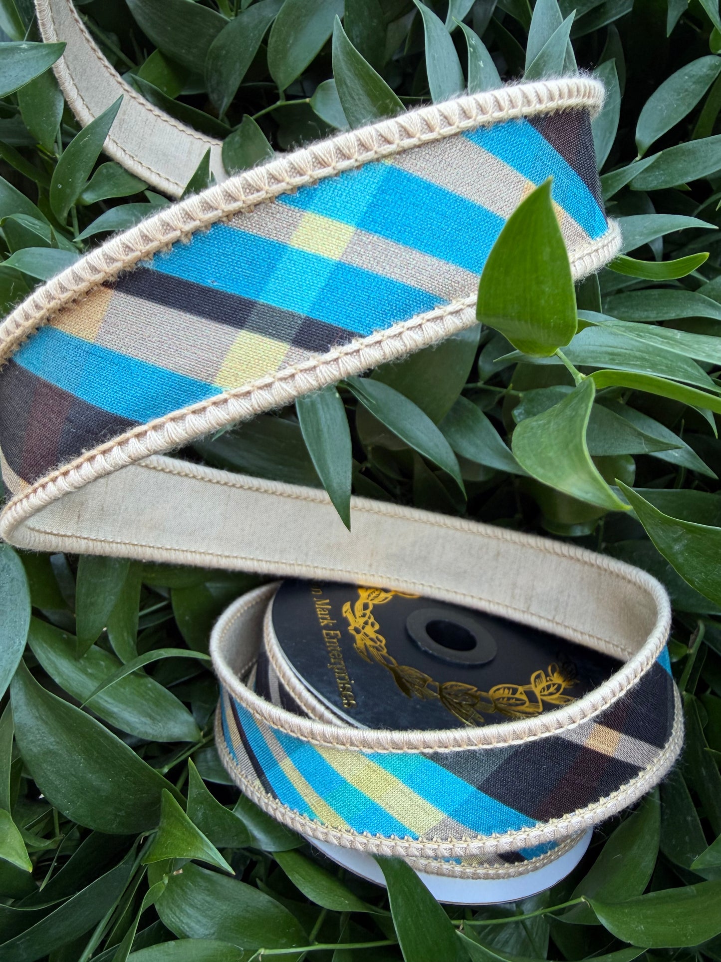 TAFFETA BIAS PLAID/DUPION FUSED 1"x10YD BLUE HEAVY WIRED RIBBON