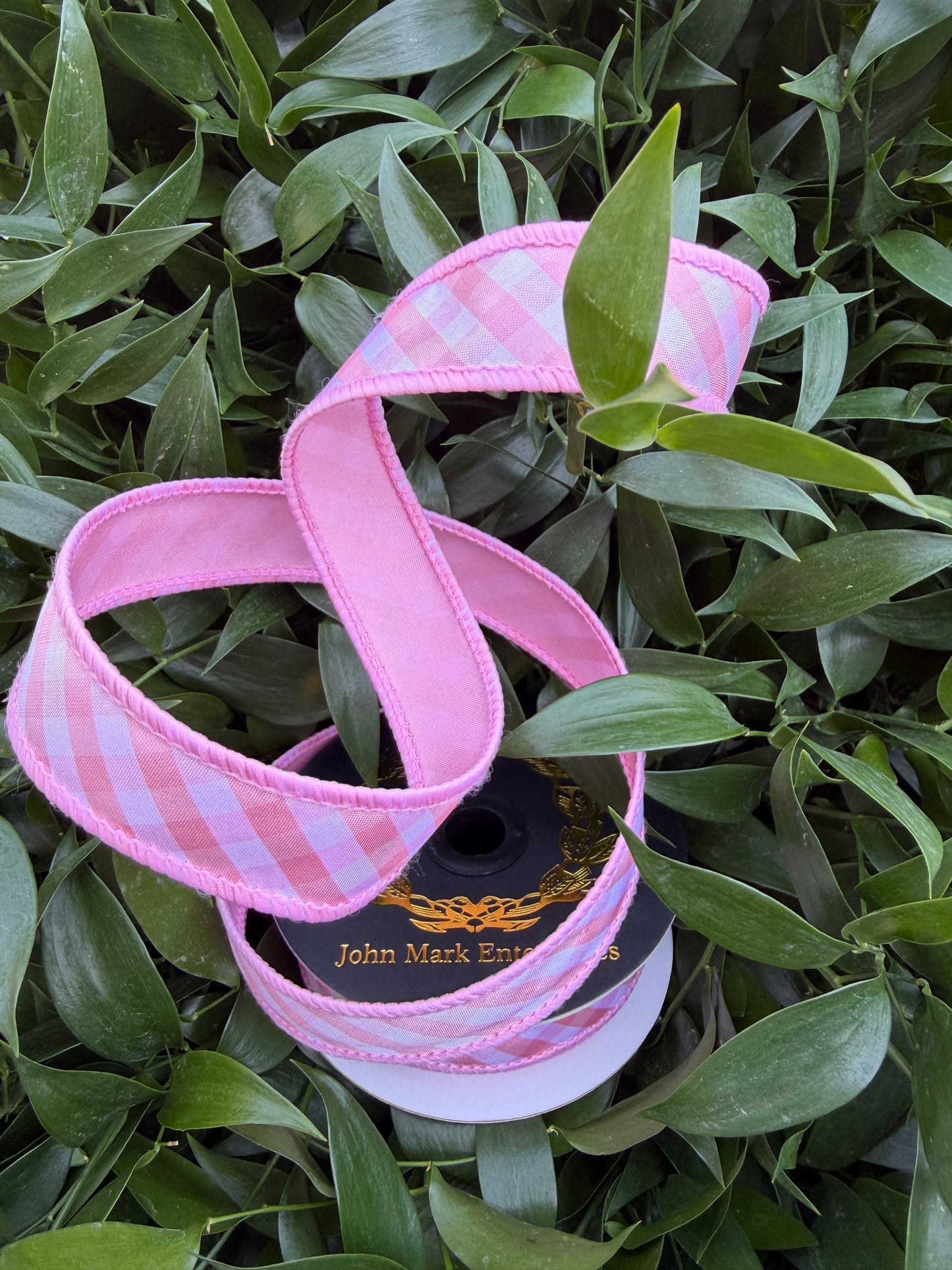 BIAS TAFFETA CHECKS DBL FUSED TAFFETA 1"x10YD PINK HEAVY WIRED RIBBON