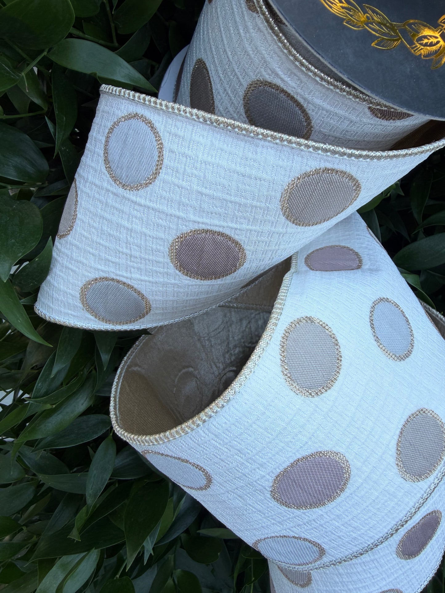 DOT JACQ/METALLIC DUPION FUSED/TAFFETA 4"X10YD TAUPE HEAVY WIRED RIBBON
