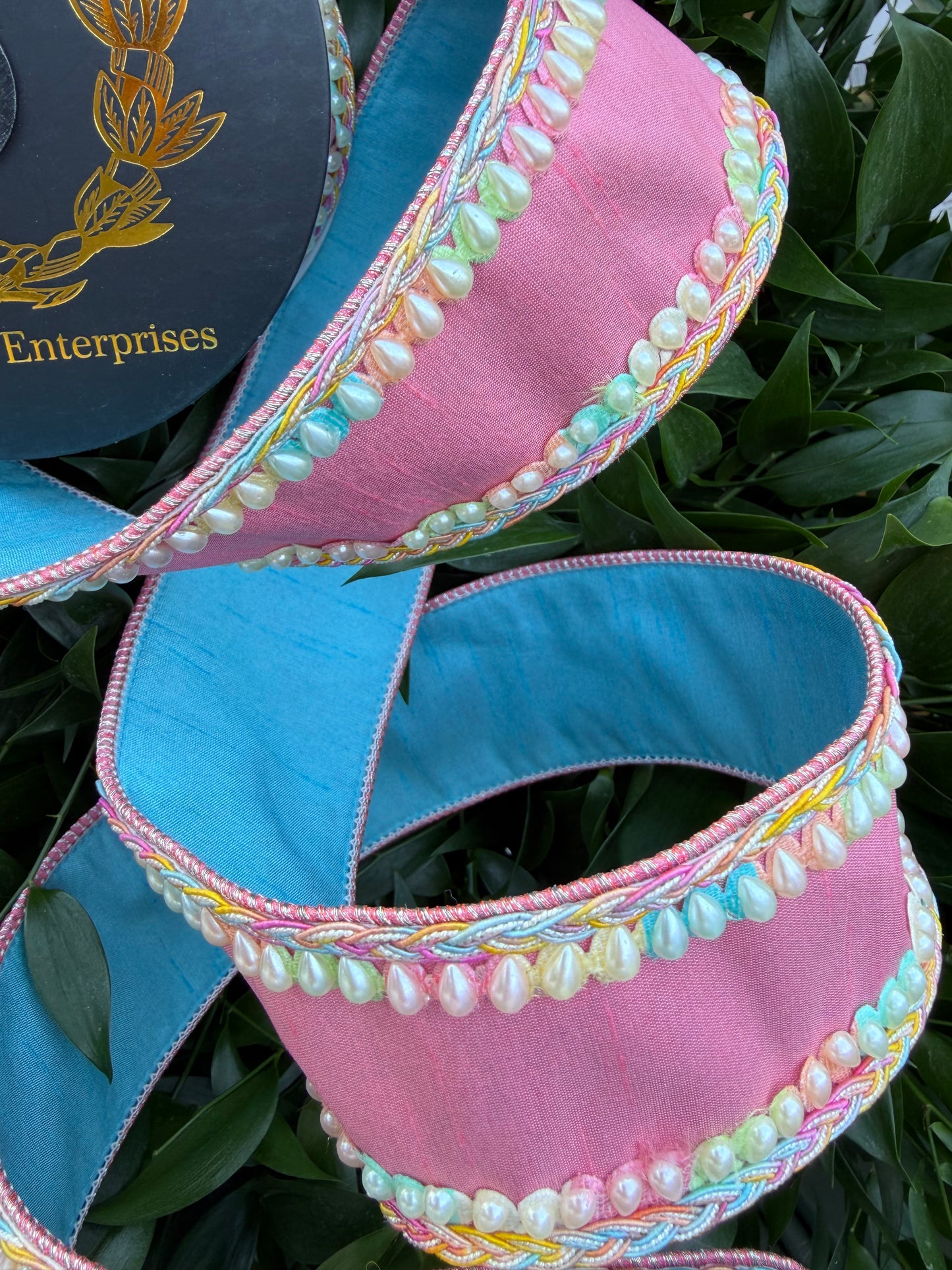 MULTI PEARL DBL SIDE TRIM/DUPION FUSED 2.5"X5YD PINK/TURQUOISE HEAVY WIRED RIBBON