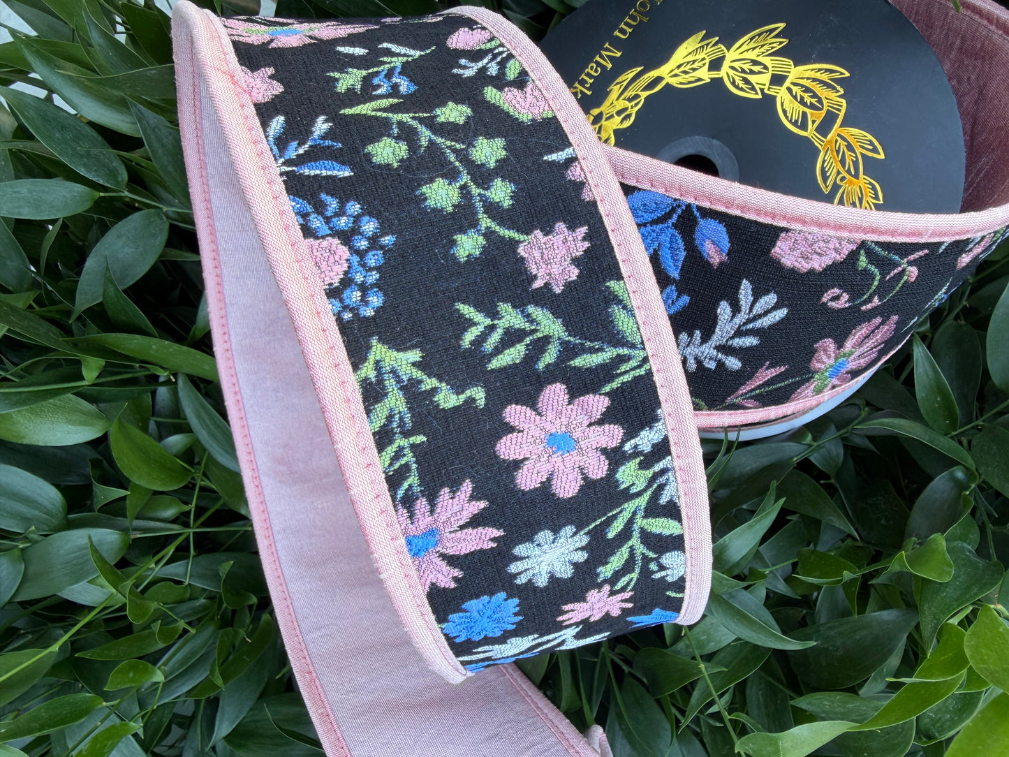 MIDNIGHT GARDEN JACQ/DUPION FUSED/PIPING 2.5"X10YD MULTICOLOR/BLACK HEAVY WIRED RIBBON