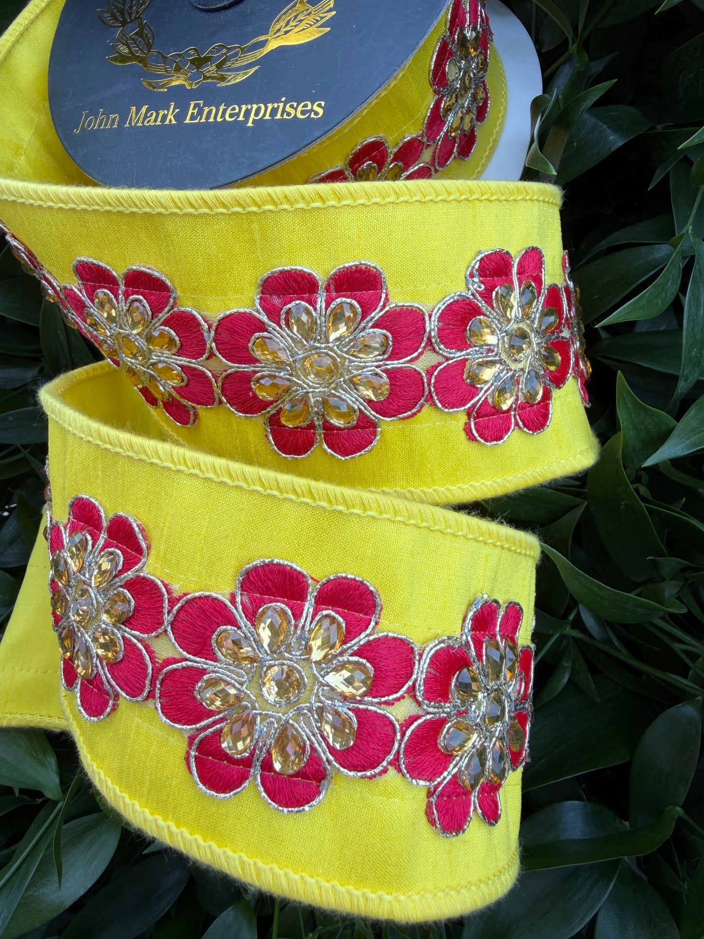 JEWELED FLOWER TRIM DUPION/DUPION FUSED 2.5"X5YD YELLOW HEAVY WIRED RIBBON