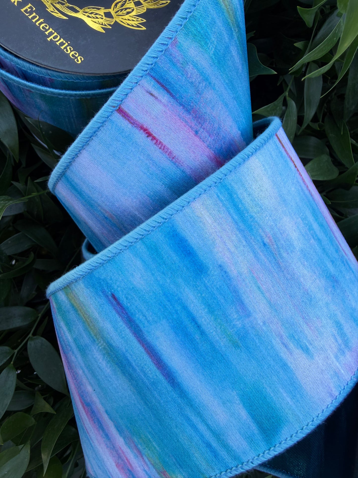 SUMMER SKY WATER COLOR DIGI/DUPION FUSED 4"x10YD BLUE HEAVY WIRED RIBBON