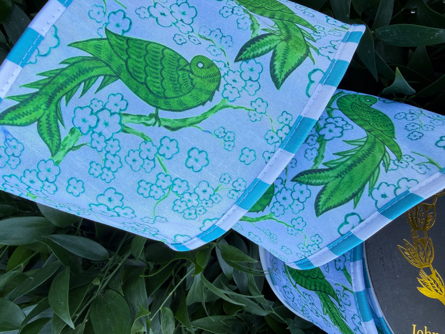 BIRD CHINOISERIE DIGI PRINT/DUPION FUSED/STRIPE PIPING 4"X10YD GREEN/BLUE HEAVY WIRED RIBBON