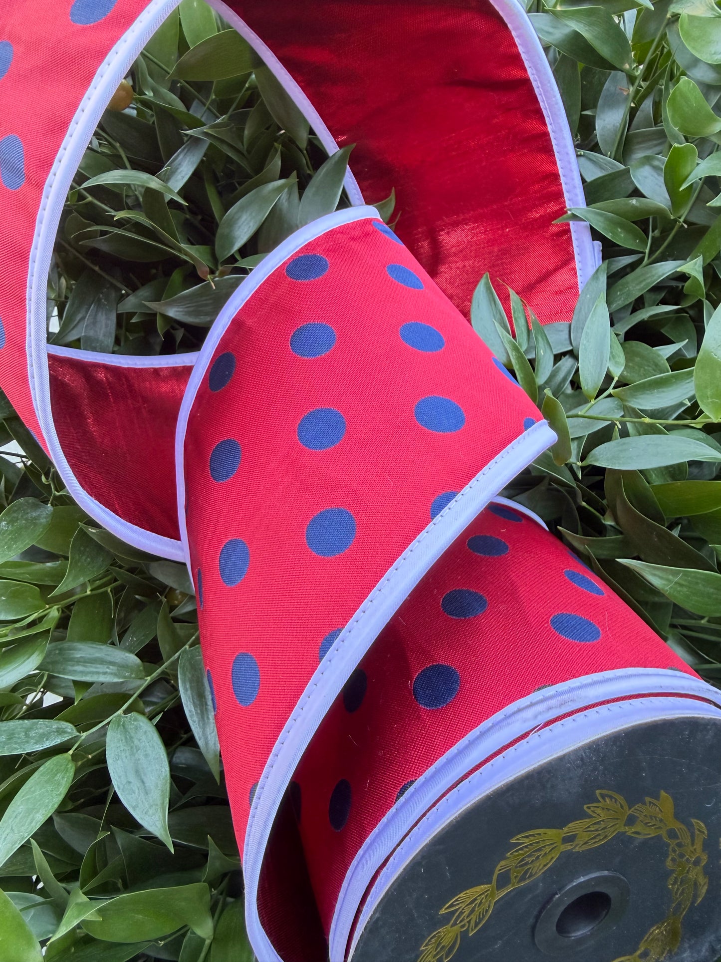 POLKA DOT JACQ/METALLIC DUPION FUSED/TAFFETA PIPING 4"X10YD RED/BLUE HEAVY WIRED RIBBON
