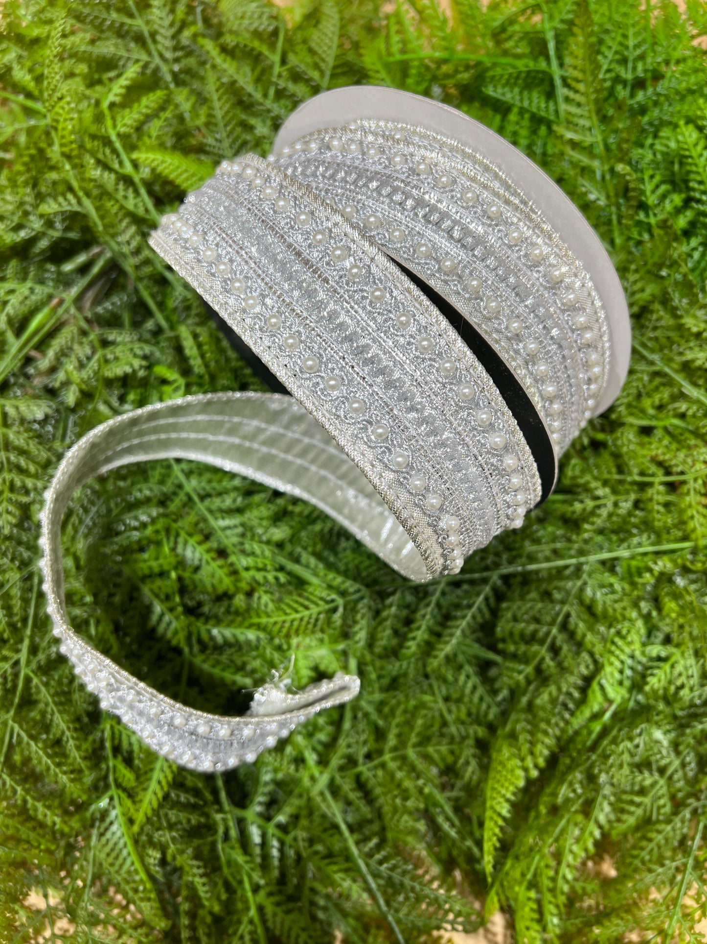 JME heavy wired ribbon. SILVER Embroidered with Pearls 1.5"x 10YDS