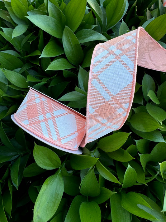 Peach/White Diagonal Plaid Wired Ribbon 1.5"x10 YD