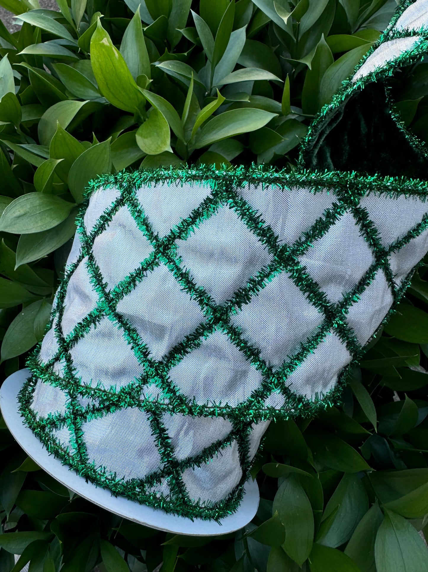 White Tinsel Metallic Dupion with Velvet Green Backing 4 Inch Wide