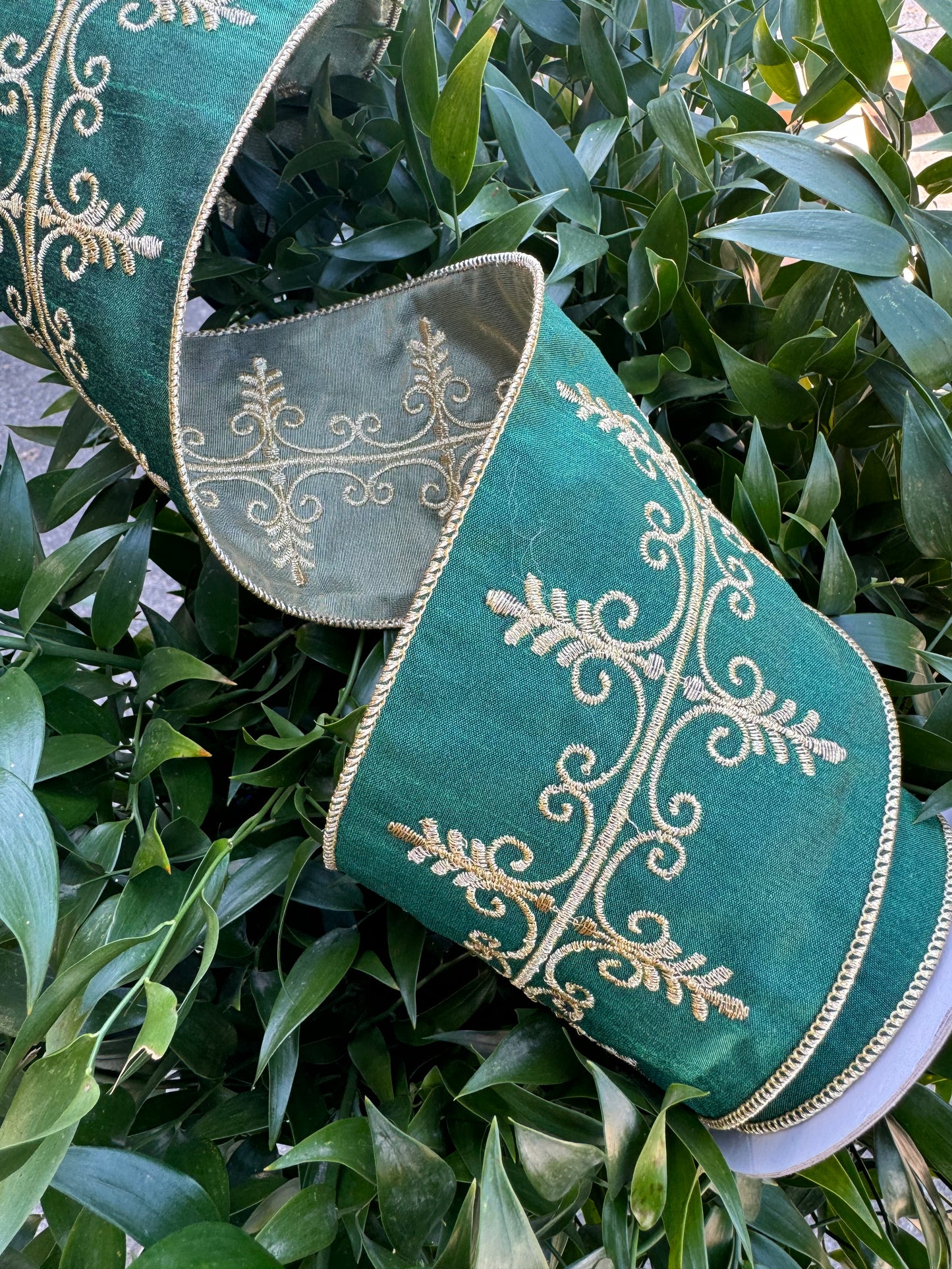 Dark Green with Gold Embroidered Trellis Wired Ribbon 4"x 5YDS